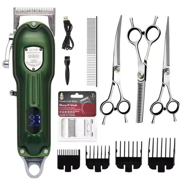 "Professional dog grooming kit with clippers, scissors, steel blades, guide combs, and accessories for at-home pet care."