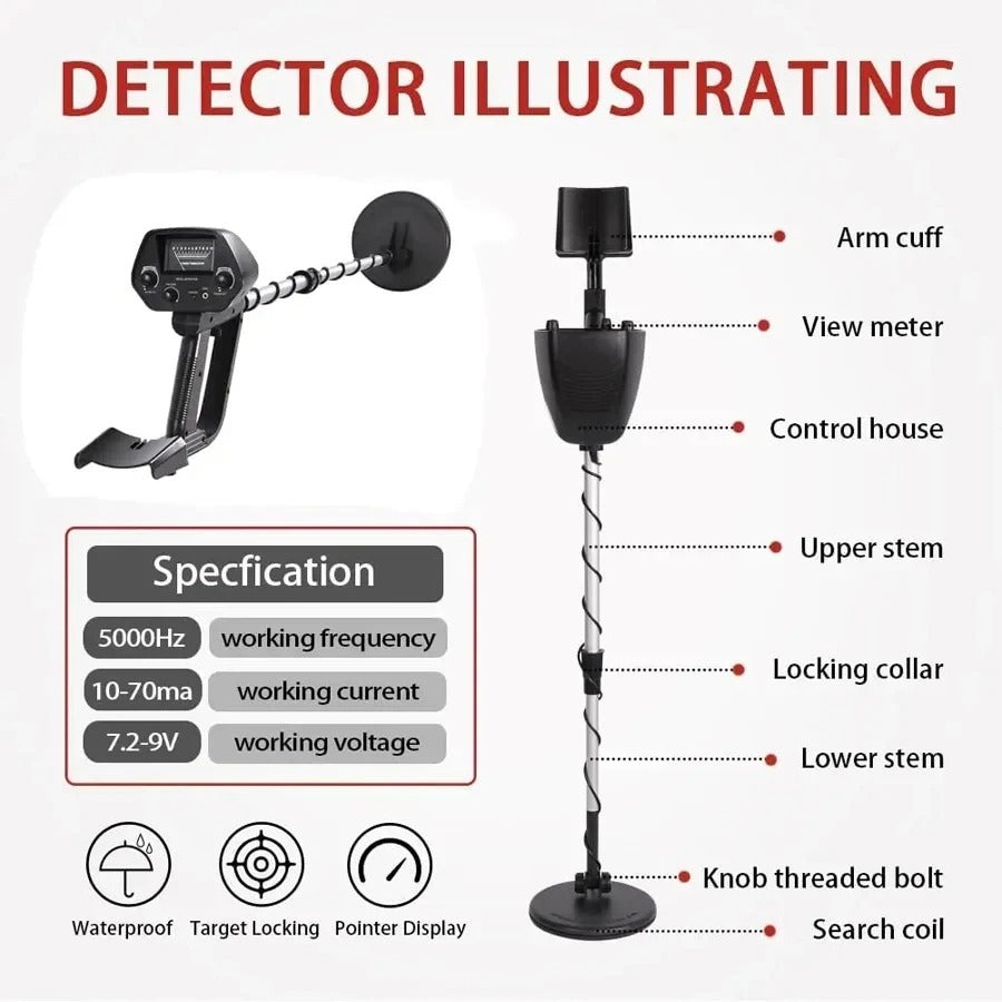 "Professional metal detector for gold hunting, long handle, digital display, outdoor treasure discovery tool."