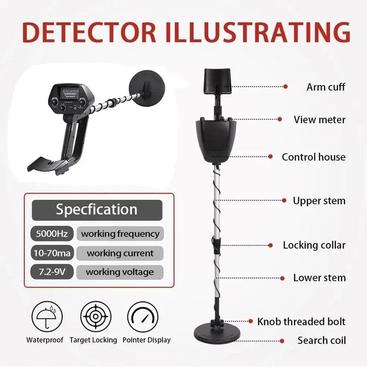 "Professional metal detector for gold hunting, long handle, digital display, outdoor treasure discovery tool."