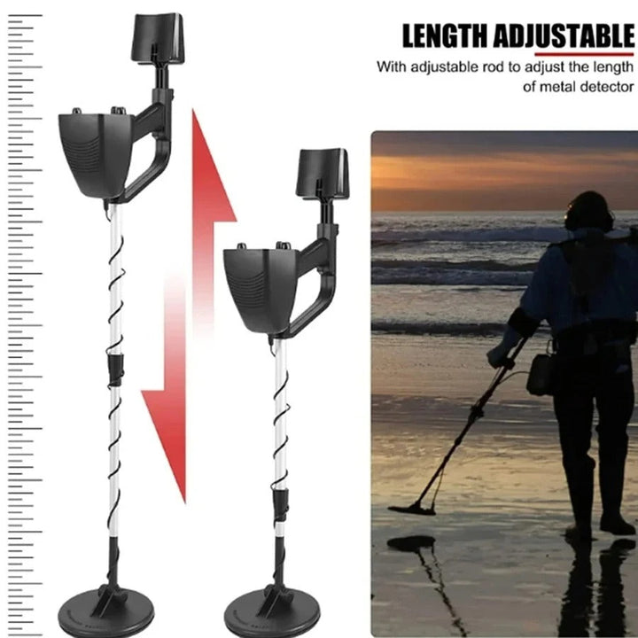"Professional metal detector for gold hunting, long handle, digital display, outdoor treasure discovery tool."