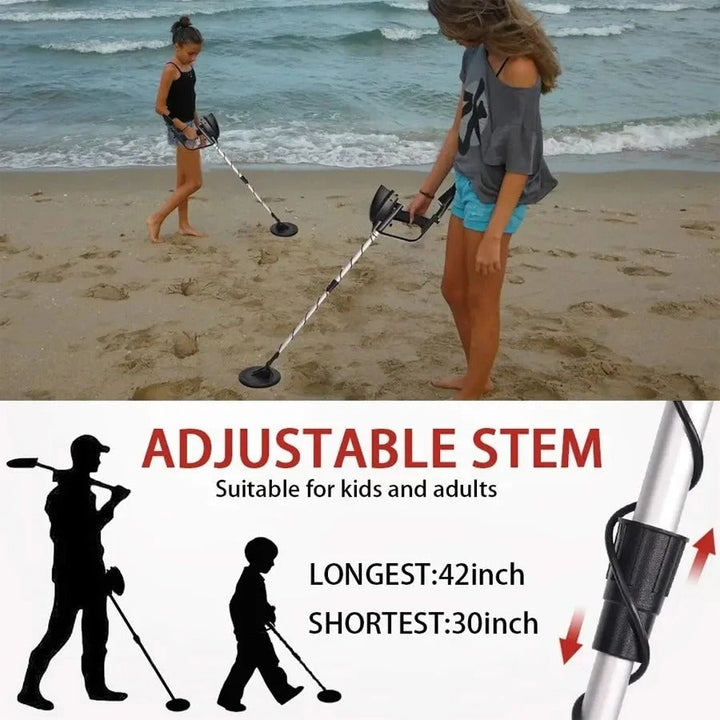 "Professional metal detector for gold hunting, long handle, digital display, outdoor treasure discovery tool."