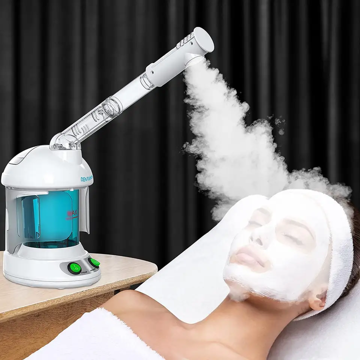 "Professional nano ionic facial steamer with extendable 360° rotating arm, sleek white design, for deep pore cleansing."