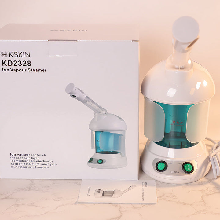 "Professional nano ionic facial steamer with extendable 360° rotating arm, sleek white design, for deep pore cleansing."