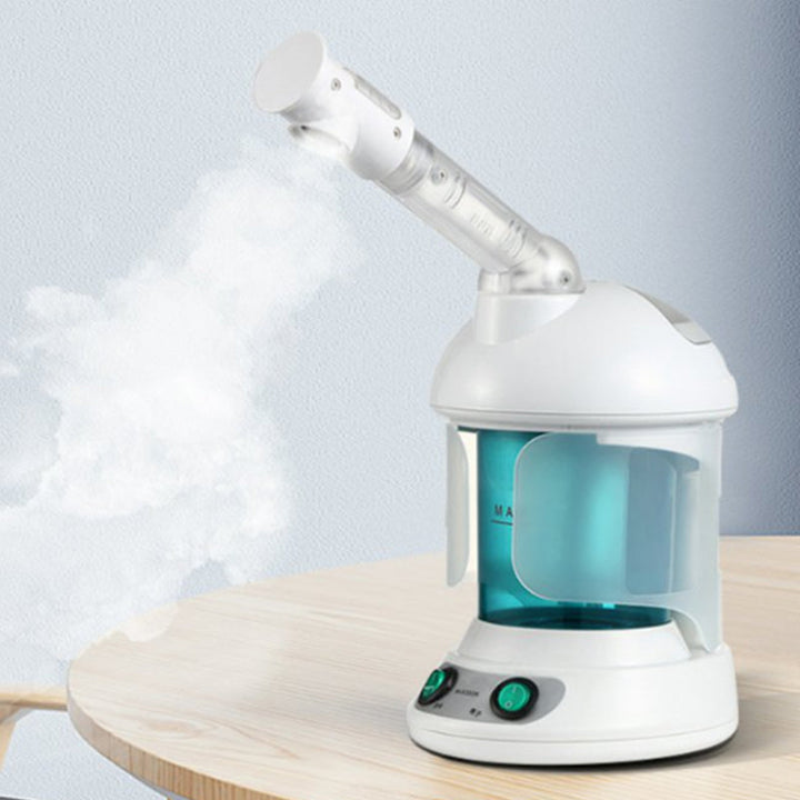 "Professional nano ionic facial steamer with extendable 360° rotating arm, sleek white design, for deep pore cleansing."
