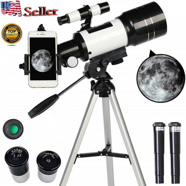 "Professional refracting telescope with 150x magnification on a tripod, ideal for stargazing and celestial observation."