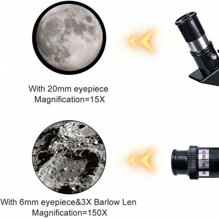 "Professional refracting telescope with 150x magnification on a tripod, ideal for stargazing and celestial observation."