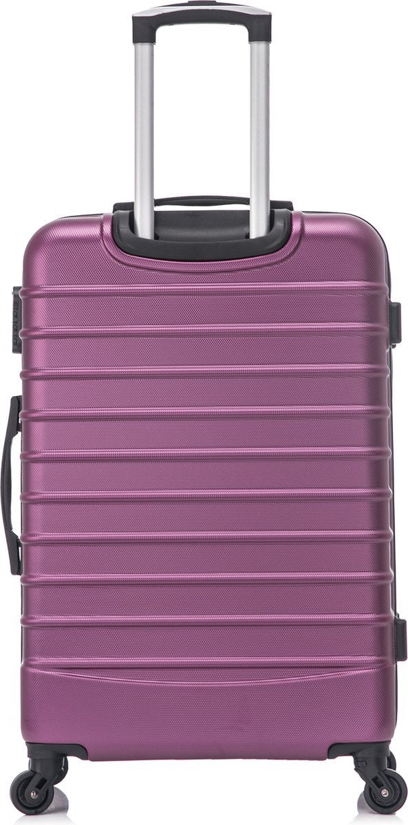 Hard shell purple rolling luggage set, 2 pieces; secure & easy-to-transport suitcases for modern travelers.
