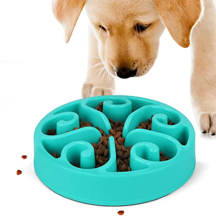 "Purple slow feeder dog bowl with anti-flip base, featuring engaging grooves for slower eating and better digestion."
