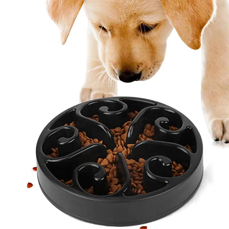 "Purple slow feeder dog bowl with anti-flip base, featuring engaging grooves for slower eating and better digestion."