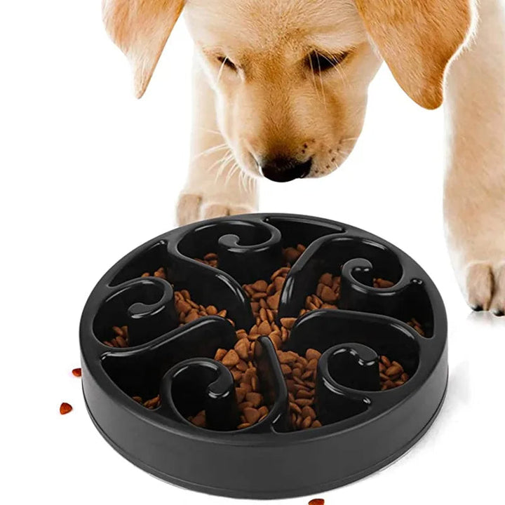 "Purple slow feeder dog bowl with anti-flip base, featuring engaging grooves for slower eating and better digestion."