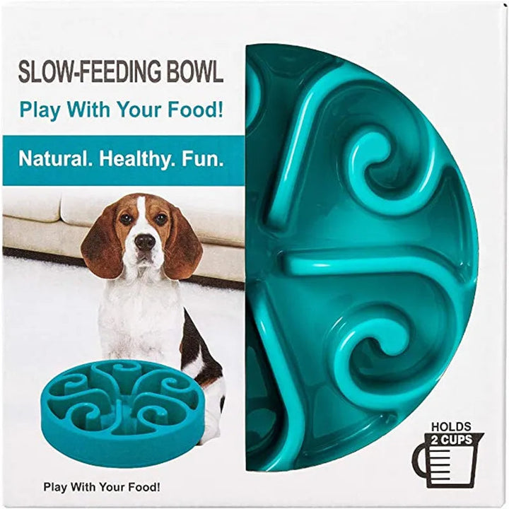 "Purple slow feeder dog bowl with anti-flip base, featuring engaging grooves for slower eating and better digestion."