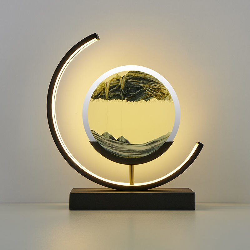 Quicksand art table lamp with rotating sand patterns, 360-degree rotation, elegant design, soft LED light, stress relief.
