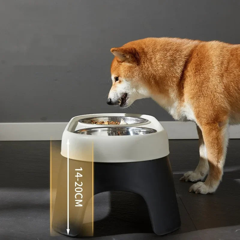 "Raised dog feeding station with sleek stainless steel bowls on a stable, non-slip base for mess-free, stylish dining."