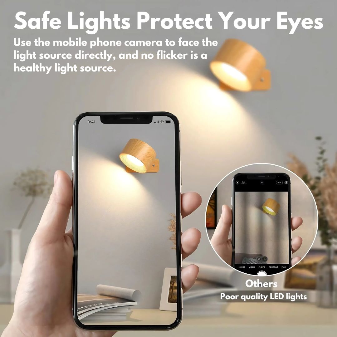 "Rechargeable 360° rotating wall light, features sleek design with magnetic ball joint, touch control, and adjustable lightin