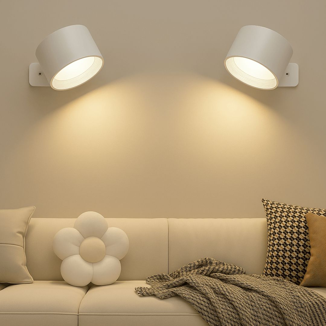 "Rechargeable 360° rotating wall light, features sleek design with magnetic ball joint, touch control, and adjustable lightin