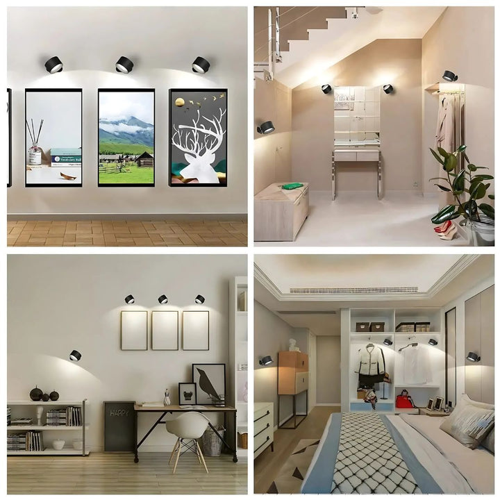 "Rechargeable 360° rotating wall light, features sleek design with magnetic ball joint, touch control, and adjustable lightin