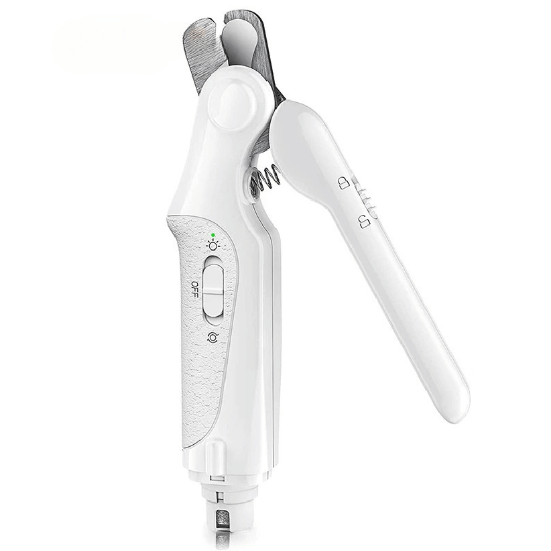 "Rechargeable dog nail grinder and clipper with LED light; ergonomic design for safe pet grooming, cordless and USB rechargea