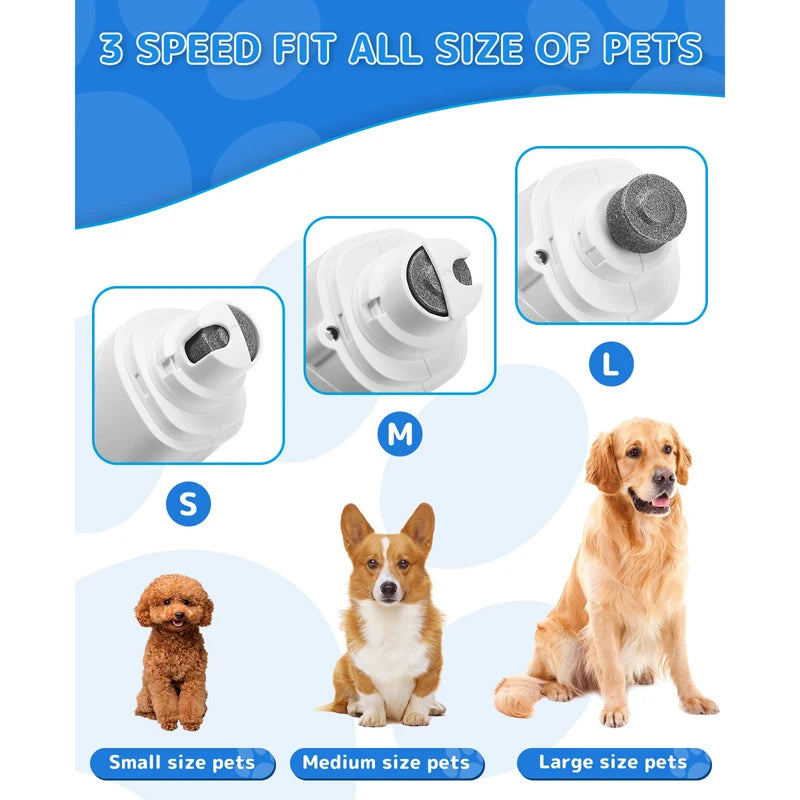 "Rechargeable dog nail grinder and clipper with LED light; ergonomic design for safe pet grooming, cordless and USB rechargea