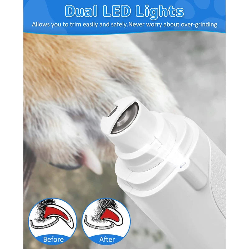 "Rechargeable dog nail grinder and clipper with LED light; ergonomic design for safe pet grooming, cordless and USB rechargea