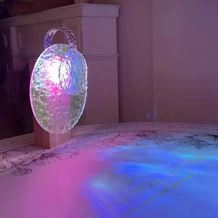 "Rechargeable LED lamp projects sunset hues, ocean waves; adds cozy ambiance to home decor with adjustable head."