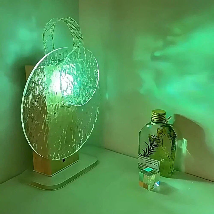 "Rechargeable LED lamp projects sunset hues, ocean waves; adds cozy ambiance to home decor with adjustable head."