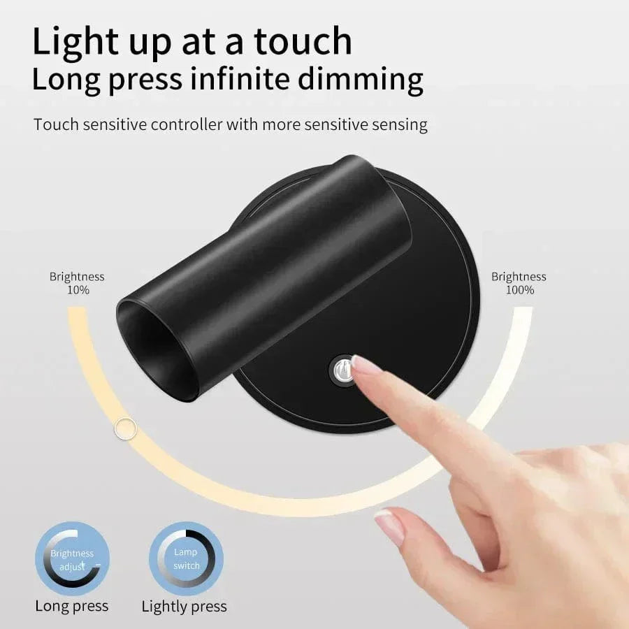 Rechargeable LED wall light with touch control, 360° rotation, magnetic base; compact, sleek design for versatile lighting.