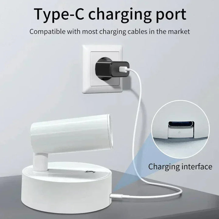 Rechargeable LED wall light with touch control, 360° rotation, magnetic base; compact, sleek design for versatile lighting.