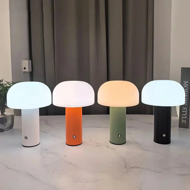 "Rechargeable mushroom LED table lamp with touch control in bold colors, perfect for modern decor and ambient lighting."
