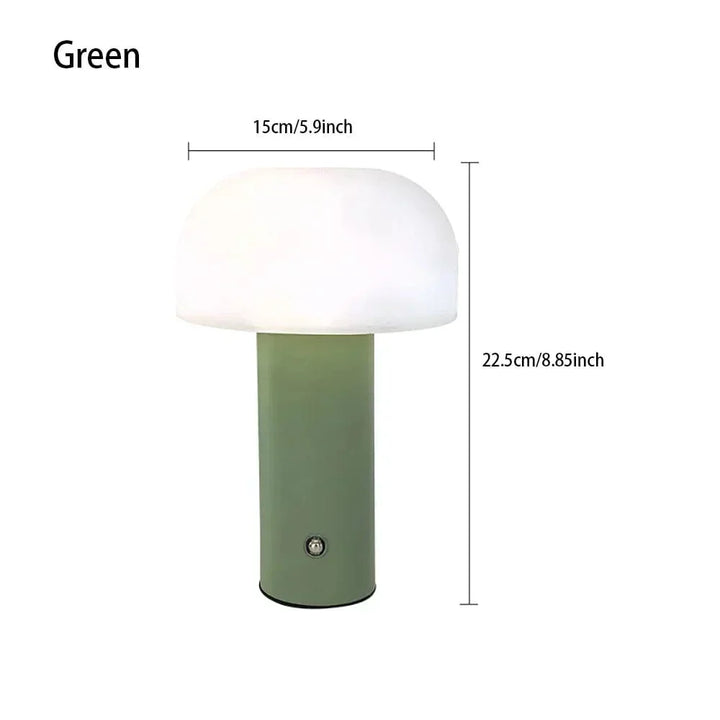 "Rechargeable mushroom LED table lamp with touch control in bold colors, perfect for modern decor and ambient lighting."