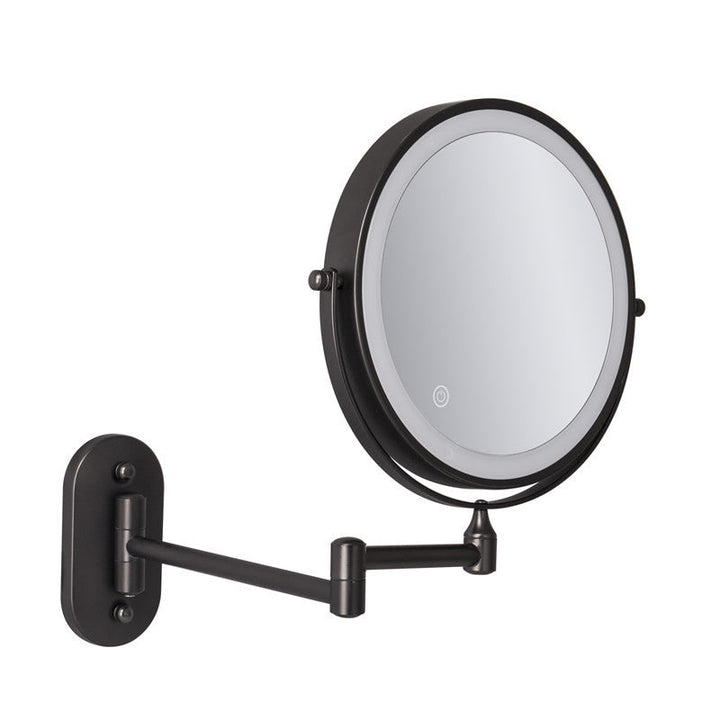 "Rechargeable wall mounted shaving mirror with LED lights, featuring three light settings and a sleek modern design."