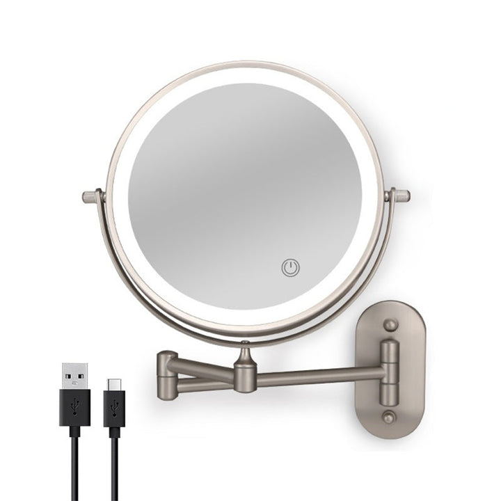 "Rechargeable wall mounted shaving mirror with LED lights, featuring three light settings and a sleek modern design."