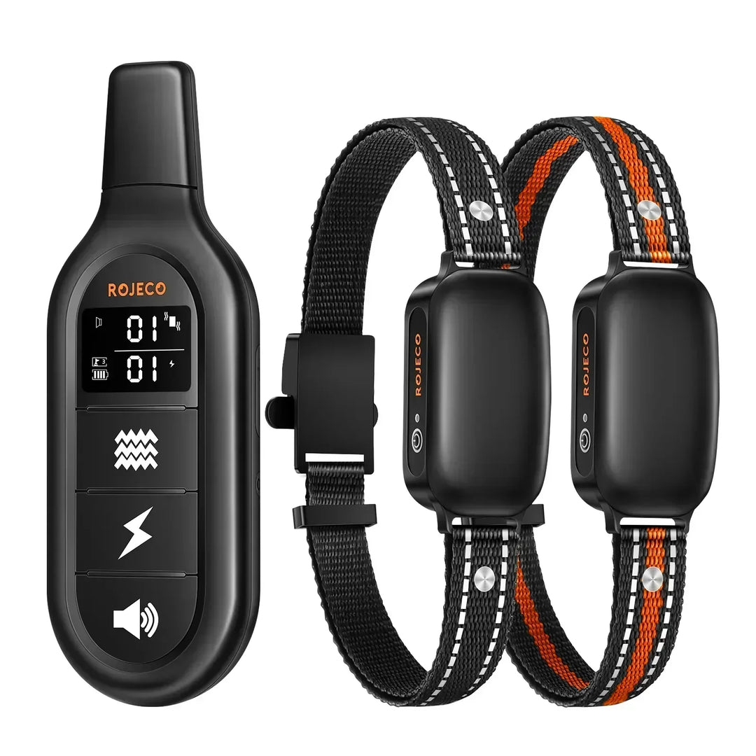 "Rechargeable waterproof dog training collar with remote, adjustable for all sizes, features sound, vibration, shock modes."