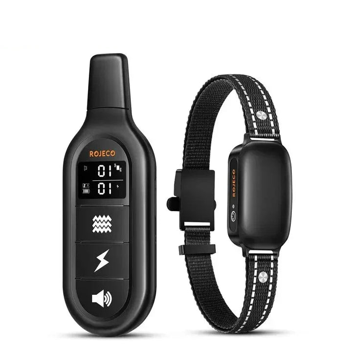 "Rechargeable waterproof dog training collar with remote, adjustable for all sizes, features sound, vibration, shock modes."