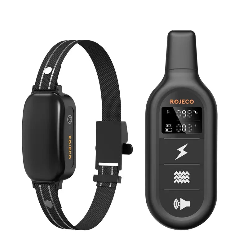 "Rechargeable waterproof dog training collar with remote, adjustable for all sizes, features sound, vibration, shock modes."