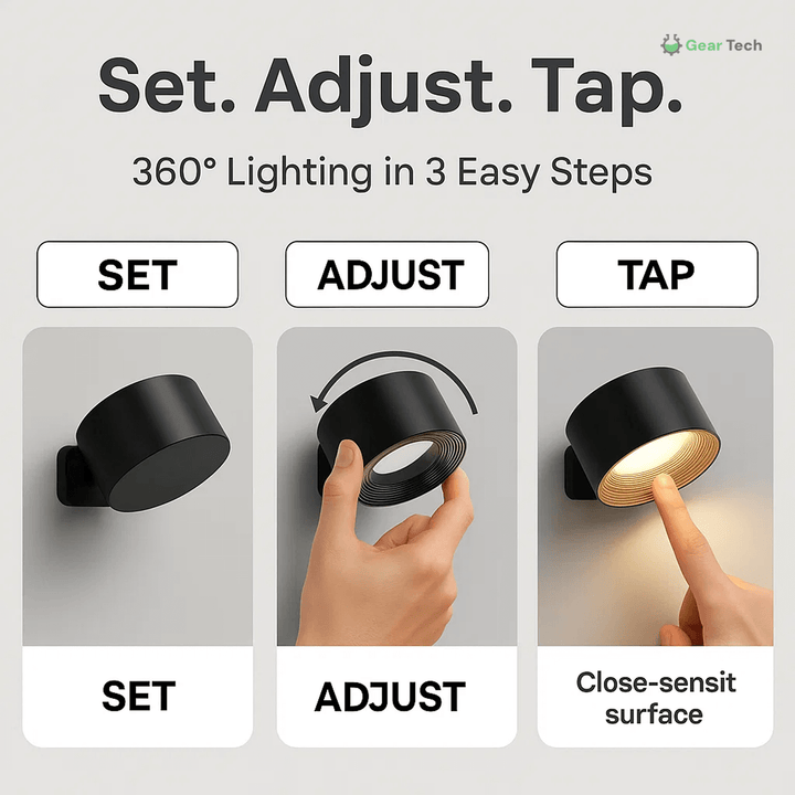 Rechargeable wireless 360° LED wall light with touch control, magnetic rotation, adjustable brightness and color modes in whi