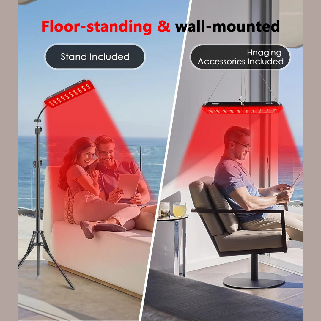 "Red light therapy lamp with adjustable strip for targeted healing, featuring a stable stand and versatile angle adjustment."