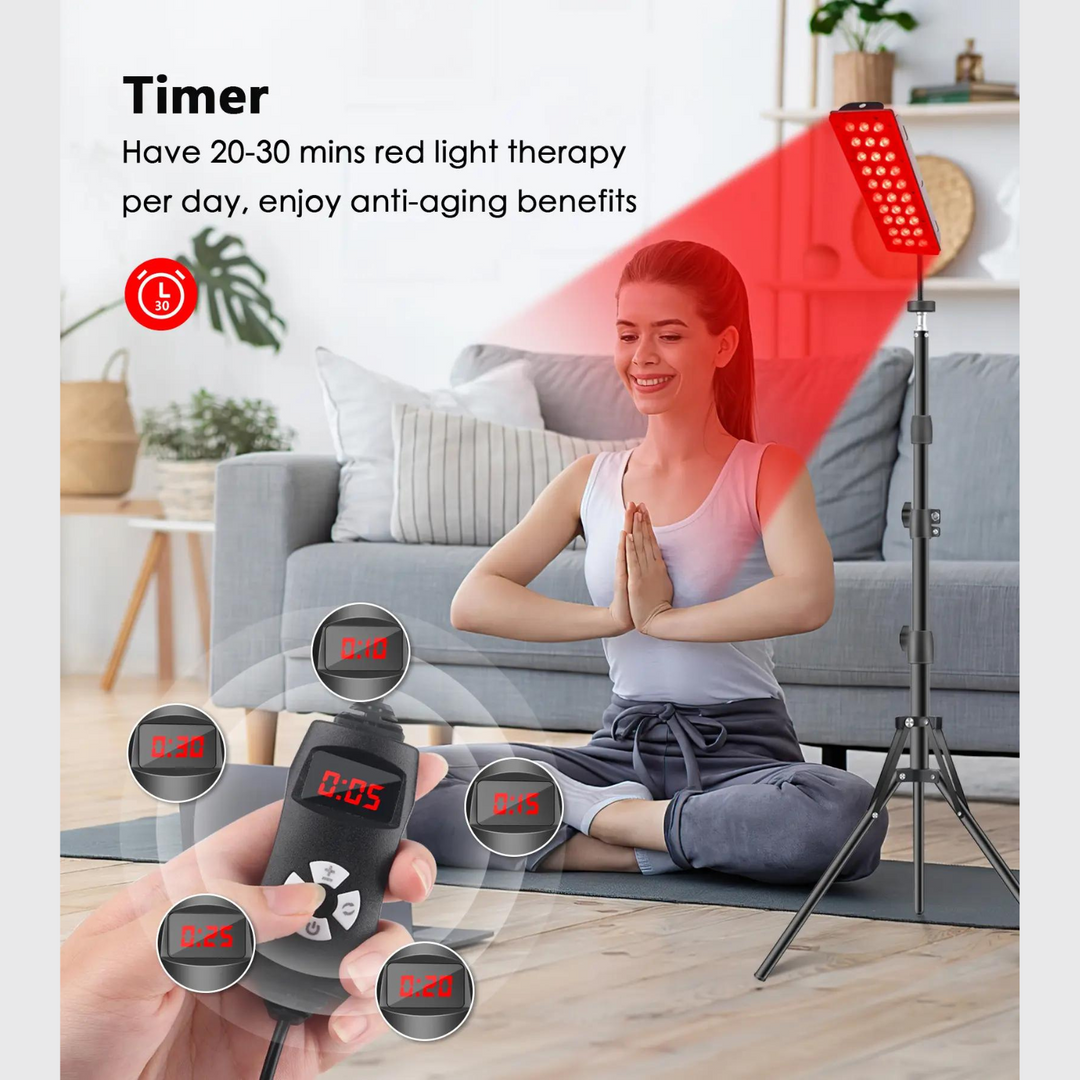 "Red light therapy lamp with adjustable strip for targeted healing, featuring a stable stand and versatile angle adjustment."
