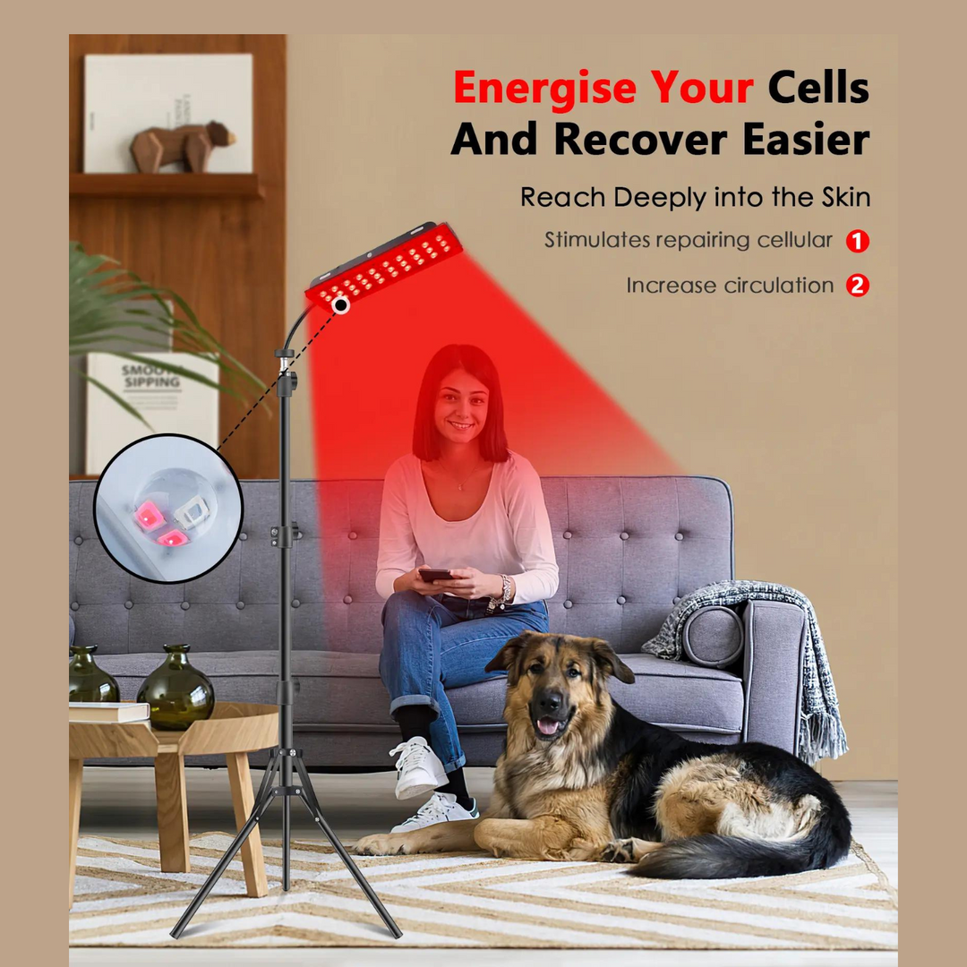 "Red light therapy lamp with adjustable strip for targeted healing, featuring a stable stand and versatile angle adjustment."