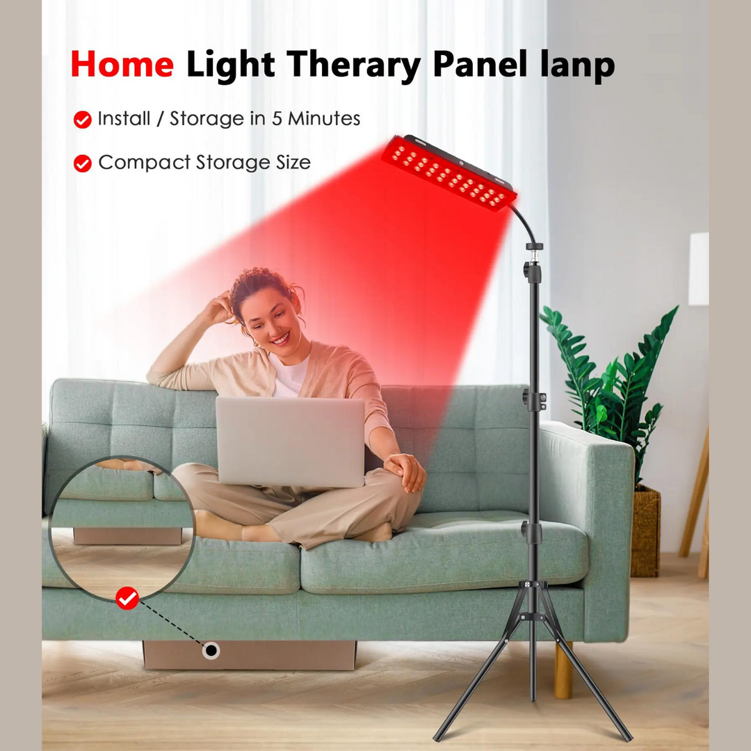 "Red light therapy lamp with adjustable strip for targeted healing, featuring a stable stand and versatile angle adjustment."