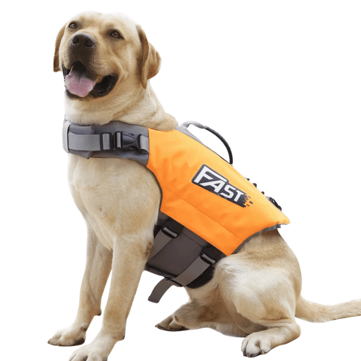 Reflective adjustable dog life jacket with buoyant support, high visibility colors, and emergency handle for water safety.