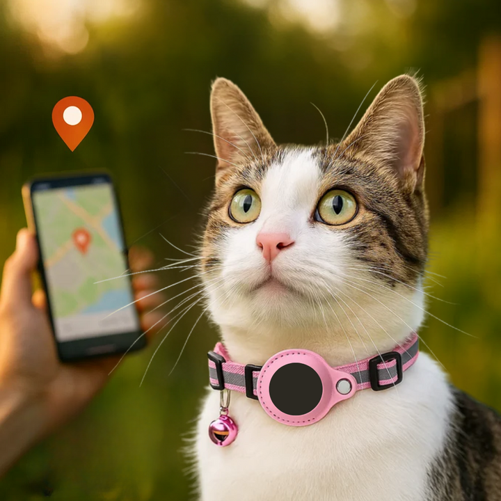 "Reflective cat GPS tracker collar with quick release, enhances safety and visibility for your pet's outdoor adventures."