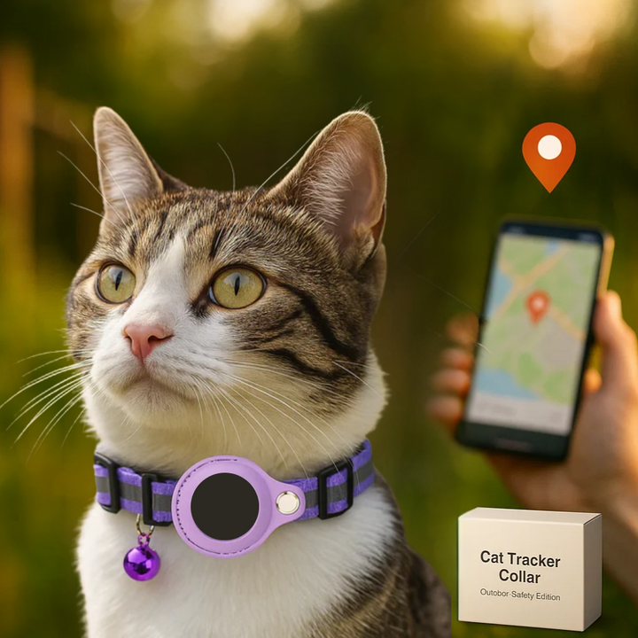 "Reflective cat GPS tracker collar with quick release, enhances safety and visibility for your pet's outdoor adventures."