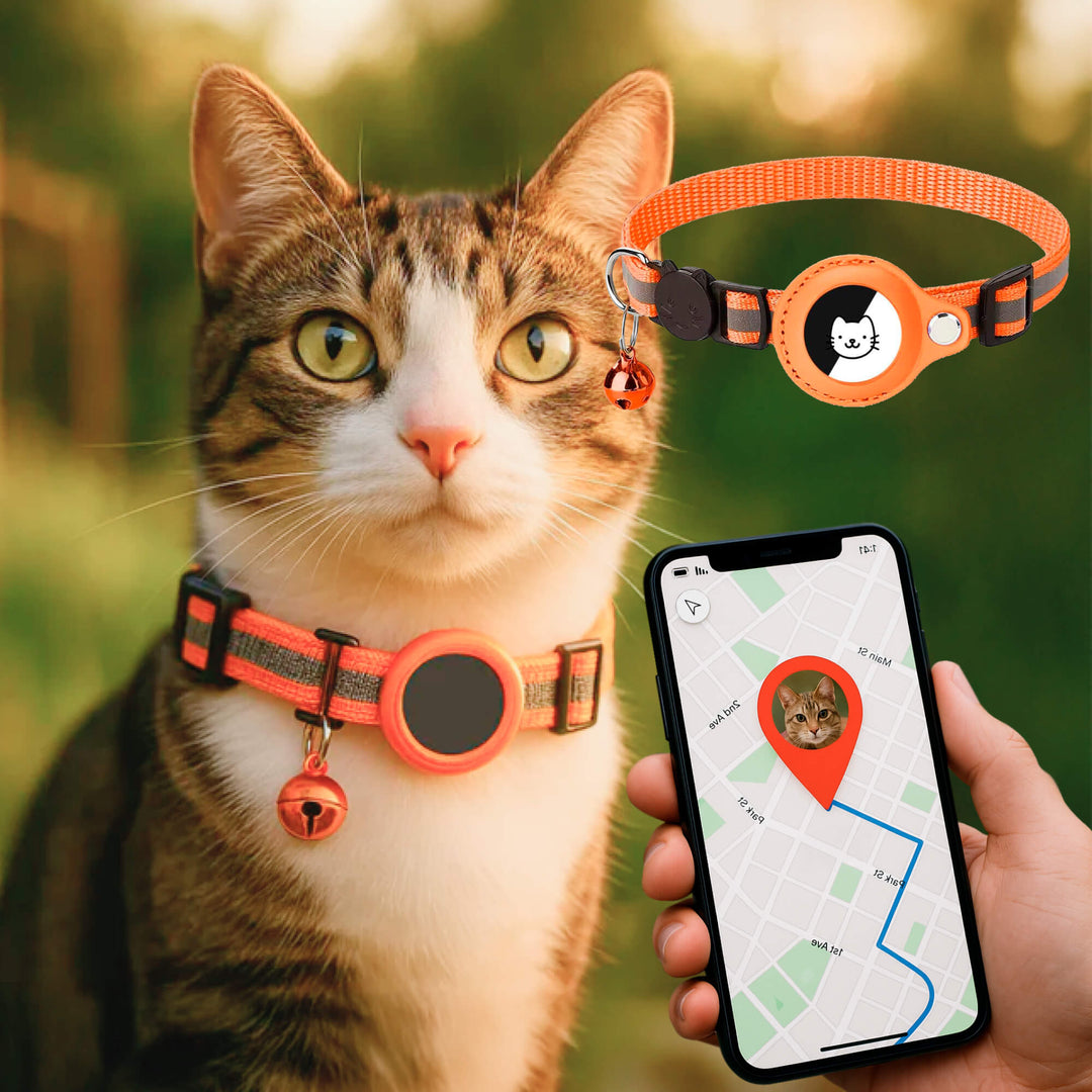 "Reflective cat GPS tracker collar with quick release, enhances safety and visibility for your pet's outdoor adventures."