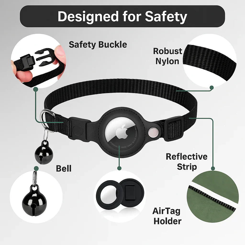 "Reflective cat GPS tracker collar with quick release, enhances safety and visibility for your pet's outdoor adventures."