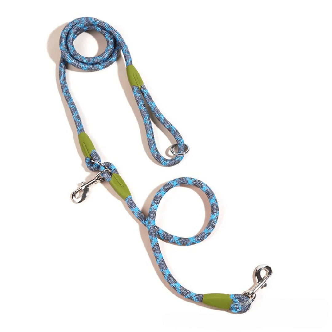 Reflective hands-free dog leash with bungee rope for running, ideal for large dogs; shown wrapped around waist.