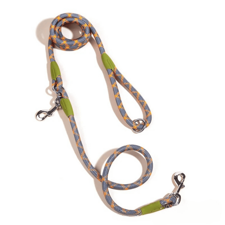 Reflective hands-free dog leash with bungee rope for running, ideal for large dogs; shown wrapped around waist.