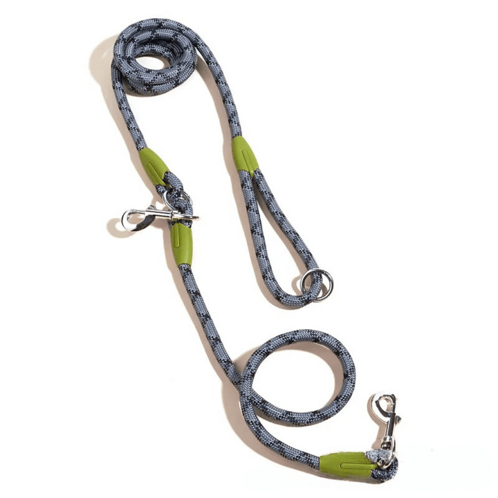 Reflective hands-free dog leash with bungee rope for running, ideal for large dogs; shown wrapped around waist.