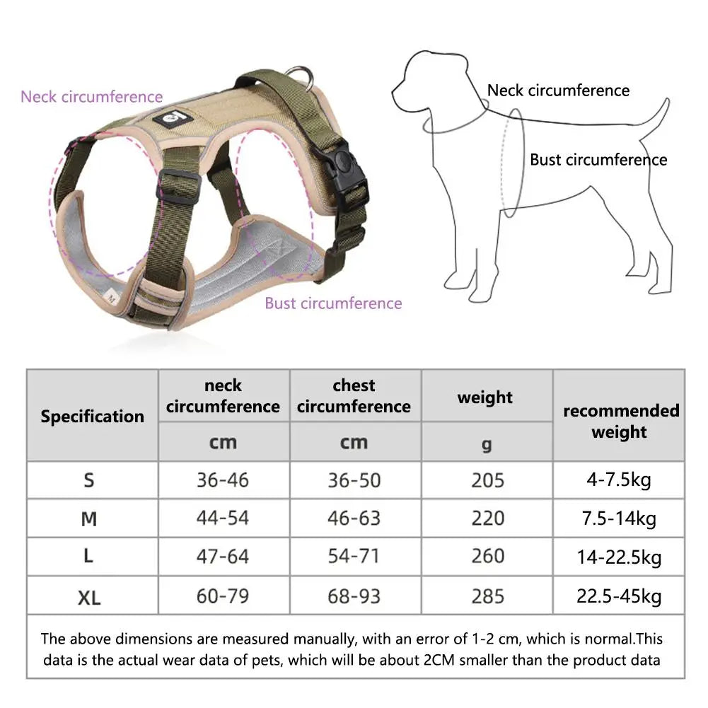Reflective no-pull dog harness with handle, adjustable straps, and metal D-ring; visible and safe for night walks.