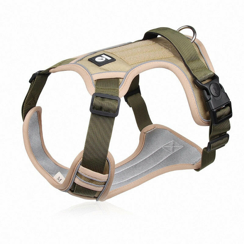 Reflective no-pull dog harness with handle, adjustable straps, and metal D-ring; visible and safe for night walks.