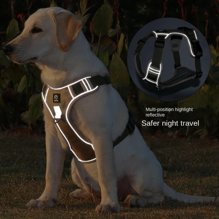 Reflective no-pull dog harness with handle, adjustable straps, and metal D-ring; visible and safe for night walks.